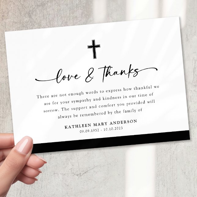 Black White Cross Script Funeral Thank You Card (Creator Uploaded)