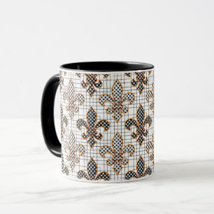 Black White Crosshatch Polka Dots Fleur-de-lis Mug
