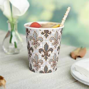 Black White Crosshatch Polka Dots Fleur-de-lis Paper Cups