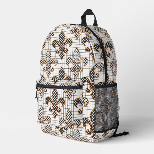Black White Crosshatch Polka Dots Fleur-de-lis  Printed Backpack (Back Corner Right)
