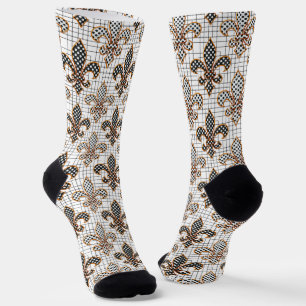 Black White Crosshatch Polka Dots Fleur-de-lis Socks
