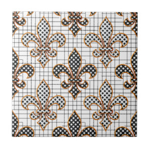 Black White Crosshatch Polka Dots Fleur-de-lis  Tile