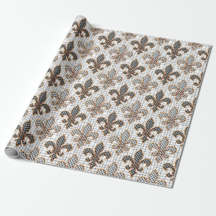 Black White Crosshatch Polka Dots Fleur-de-lis  Wrapping Paper