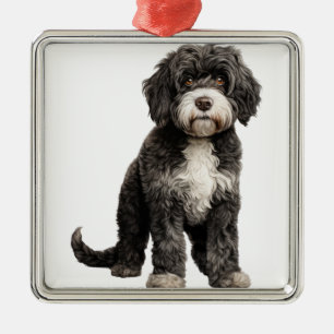 BLACK & WHITE CURLY PORTUGESE WATER DOG METAL TREE DECORATION