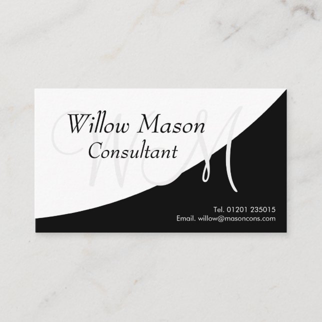 Black White Curved, Monogram Business Card (Front)