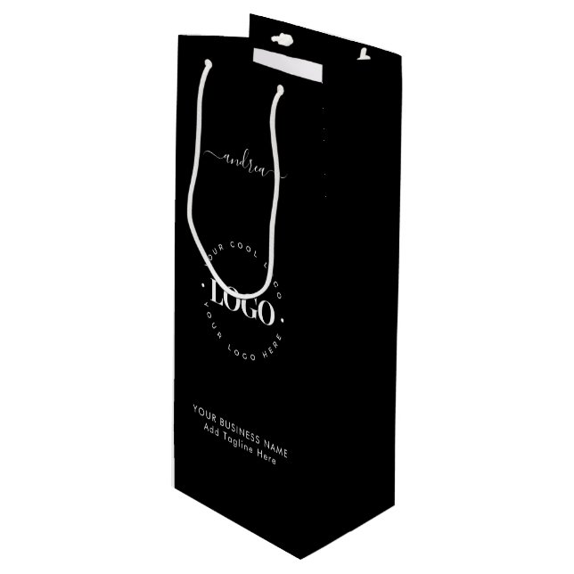 Black White Custom Logo Business Promotional Wine Gift Bag (Front Angled)