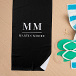Black white custom monogram initials name beach towel<br><div class="desc">Black background.  Personalise and add your monogram initials and full name. White text.</div>