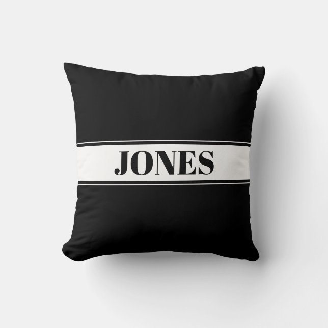 Black & White Custom Name Stripe Throw Pillow (Front)
