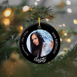 Black white custom photo birthday ceramic tree decoration<br><div class="desc">A classic black background. Personalise and add a name,  date,  age and photo.</div>