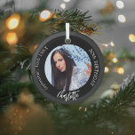 Black white custom photo birthday glass tree decoration<br><div class="desc">A classic black background. Personalise and add a name,  date,  age and photo.</div>