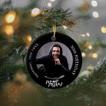 Black white custom photo man guy birthday ceramic tree decoration<br><div class="desc">A classic black background. Personalise and add a name,  date,  age and photo.</div>