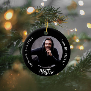 Black white custom photo man guy birthday ceramic tree decoration
