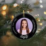 Black white custom photo Quinceanera Ceramic Tree Decoration<br><div class="desc">A classic black background. Personalise and add a name,  date,  age and photo.</div>