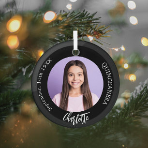Black white custom photo Quinceanera Glass Tree Decoration