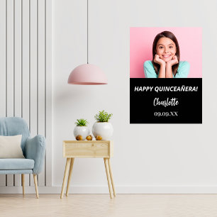 Black white custom photo Quinceanera party welcome Poster