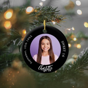 Black white custom photo Sweet 16 Ceramic Tree Decoration