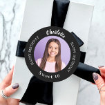 Black white custom photo Sweet 16 Classic Round Sticker<br><div class="desc">A classic black background. Text: Happy birthday (x2) Personalise and add a name,  and photo.</div>