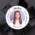 Black white custom photo Sweet 16 Classic Round Sticker<br><div class="desc">A classic white background,  black text. Text: Happy birthday (x2) Personalise and add a name,  and photo.</div>