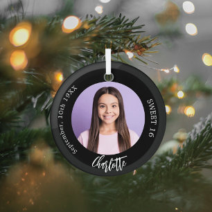 Black white custom photo Sweet 16 Glass Tree Decoration
