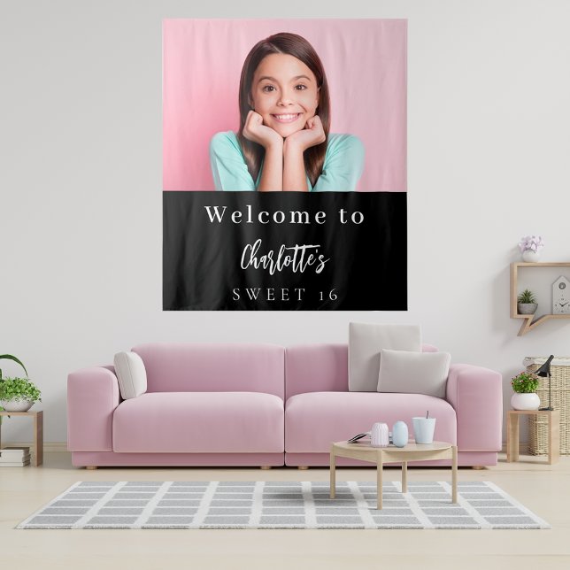 Black white custom photo Sweet 16 party welcome Tapestry (Creator Uploaded)