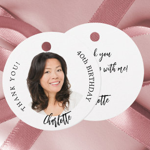 Black white custom photo thank you birthday favour tags