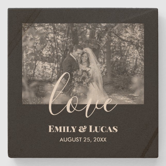 Black White Custom Wedding Photo Simple Elegant Stone Coaster (Front)
