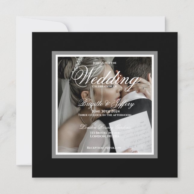 Black & white customisable wedding photo invitation (Front)