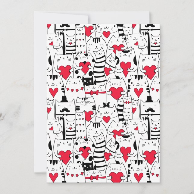 Black White Cute Cat Red Heart Announcement (Front)