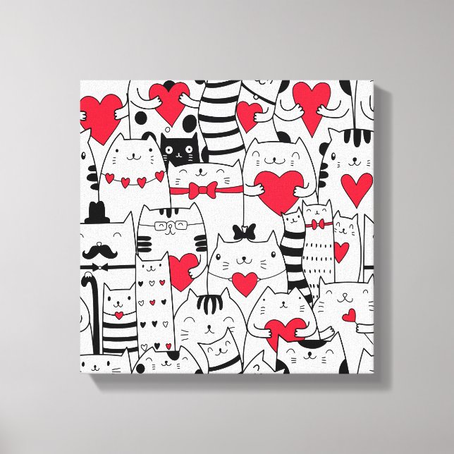 Black White Cute Cat Red Heart Canvas Print (Front)