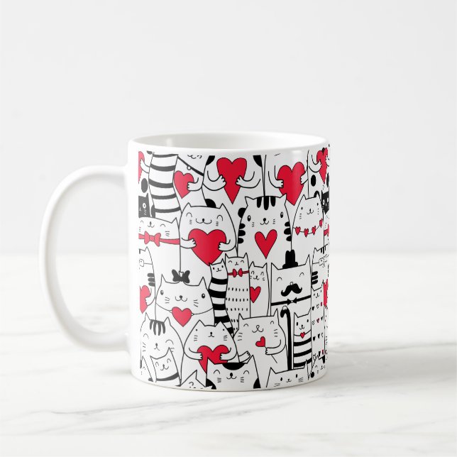 Black White Cute Cat Red Heart Coffee Mug (Left)