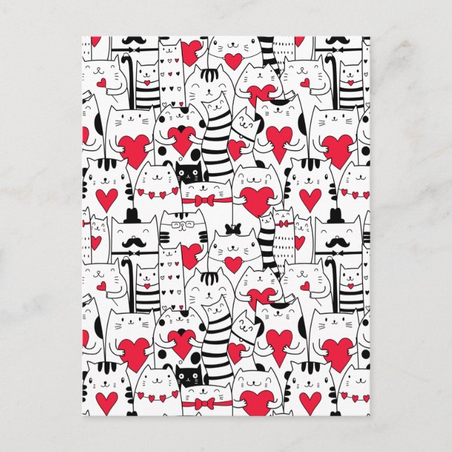 Black White Cute Cat Red Heart Holiday Postcard (Front)