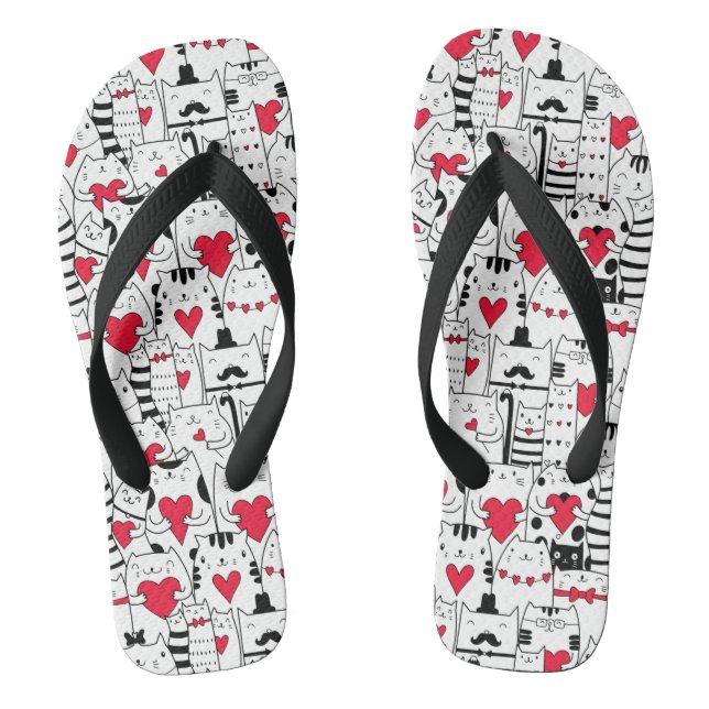 Black White Cute Cat Red Heart Jandals (Footbed)