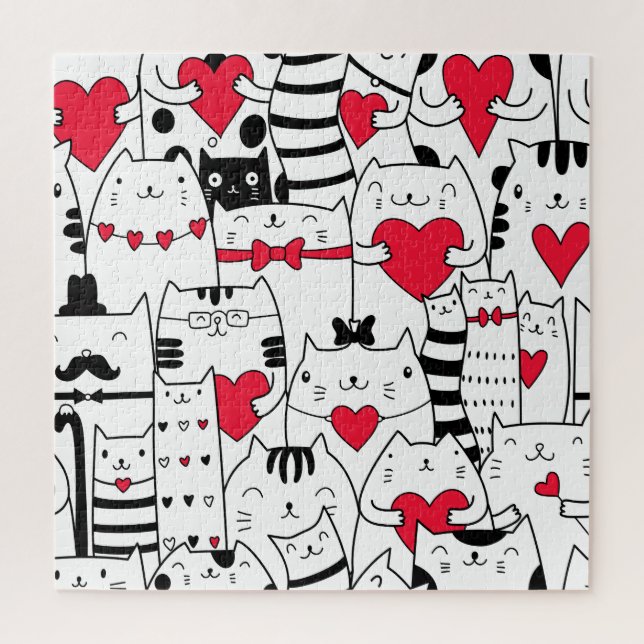 Black White Cute Cat Red Heart Jigsaw Puzzle (Vertical)