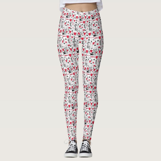 Black White Cute Cat Red Heart Leggings (Front)