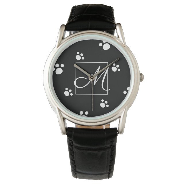 Black & White Cute Dog Paw Print Pattern Monogram Watch (Front)