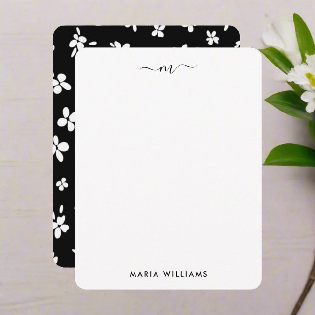 Black White Cute Flowers Monogram Typography Card (Creator Uploaded)
