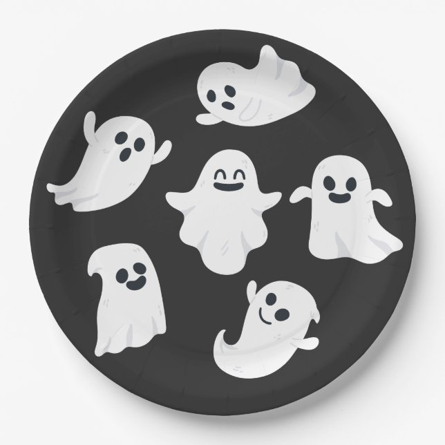 Black & White Cute Ghost Halloween Party  Paper Plate (Front)