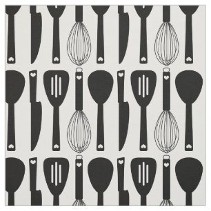 Black White Cute Kitchen Utensils Pattern Fabric