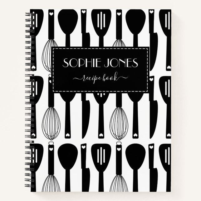 Black White Cute Kitchen Utensils Pattern Notebook (Front)