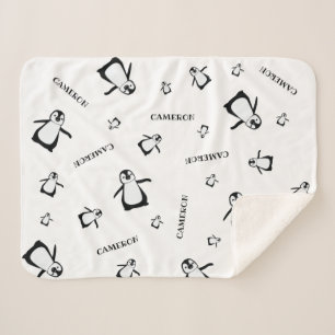 Black white Cute Penguin Personalised baby Sherpa Blanket