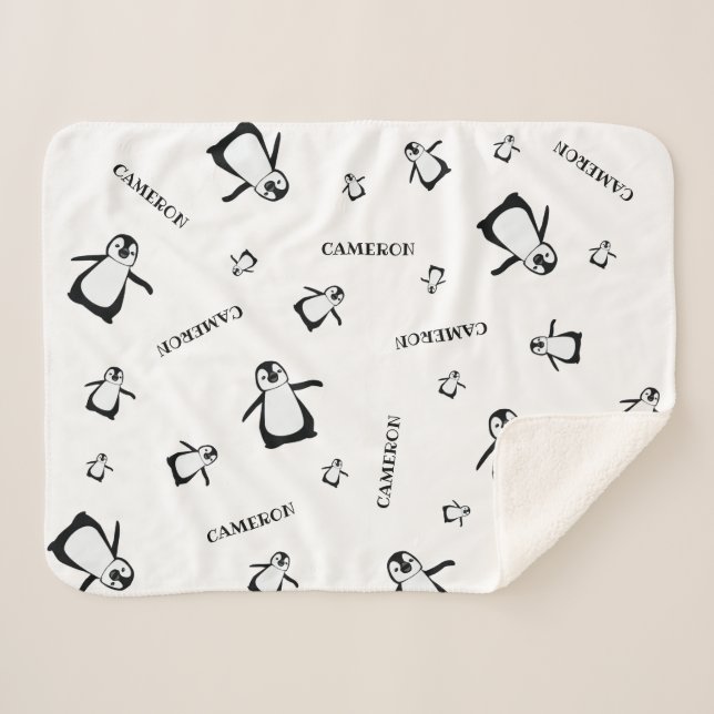 Black white Cute Penguin Personalised baby Sherpa Blanket (Front (Horizontal))