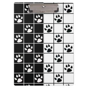 Black White Cute Windowpane Paw Plaid Clipboard