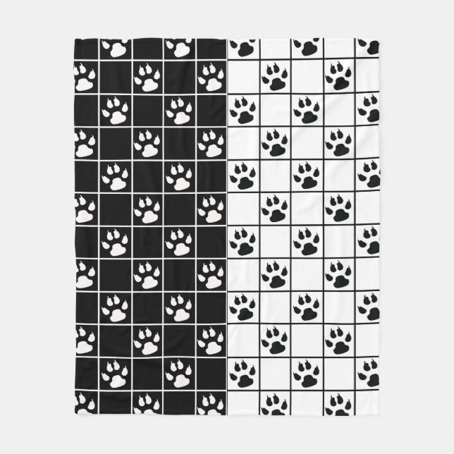 Black White Cute Windowpane Paw Plaid Fleece Blanket (Front)