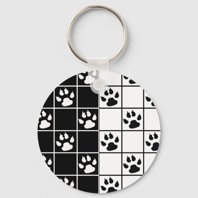Black White Cute Windowpane Paw Plaid Key Ring (Front)