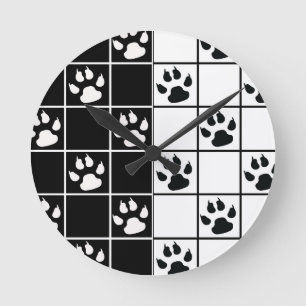 Black White Cute Windowpane Paw Plaid Round Clock