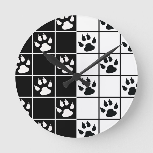 Black White Cute Windowpane Paw Plaid Round Clock (Front)