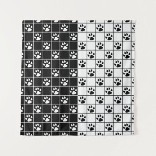 Black White Cute Windowpane Paw Plaid Tapestry