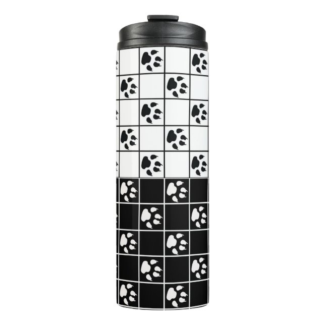 Black White Cute Windowpane Paw Plaid Thermal Tumbler (Front)