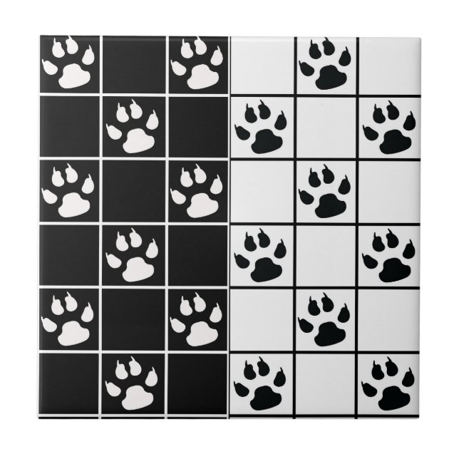 Black White Cute Windowpane Paw Plaid Tile (Front)