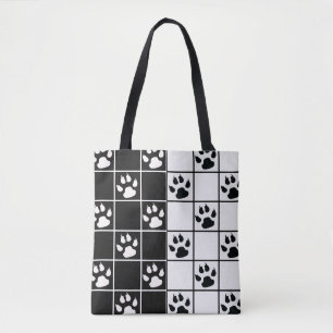 Black White Cute Windowpane Paw Plaid Tote Bag